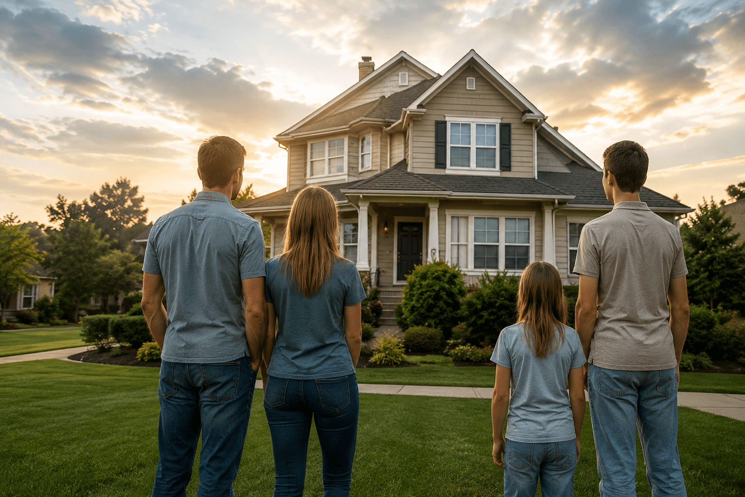 Family looking at their home